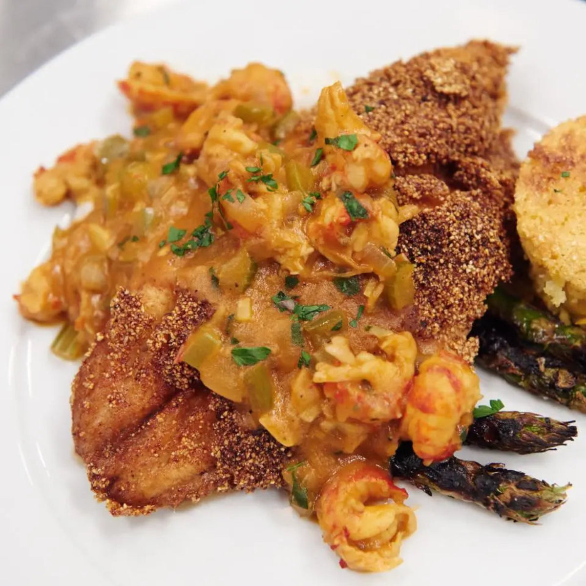 Baked Catfish Topped Crawfish Etouffée